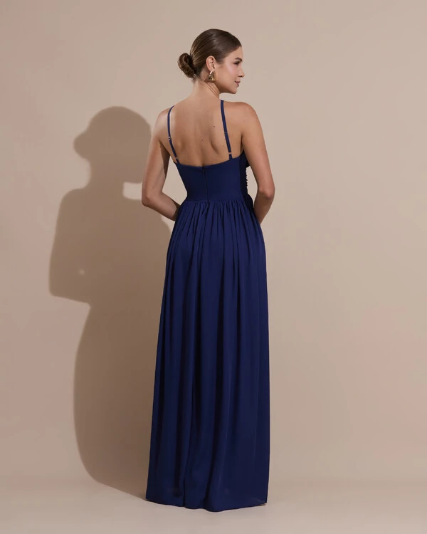 Vestido de Festa Longo Crepe Chiffon Drapeado com Alças Finas Azul Marinho