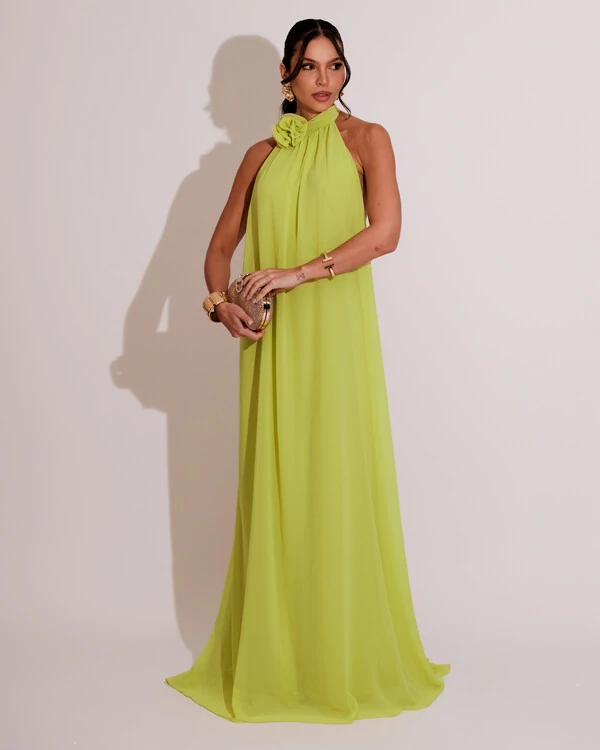 Vestido Longo Crepe Frente Única Fluido Flor Removível Verde Lima