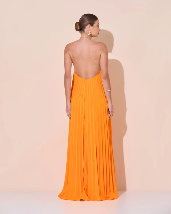 Vestido de Festa Longo Frente Única Plissado Crepe Chiffon Laranja Manga New