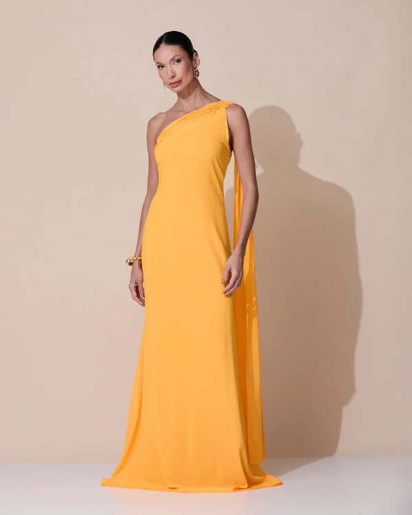 Vestido de Festa Longo Crepe Chiffon Um Ombro Só Drapeado Laranja Manga New