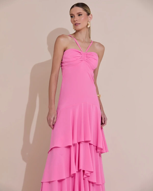 Vestido Longo Crepe com Babado em Camadas Rosa