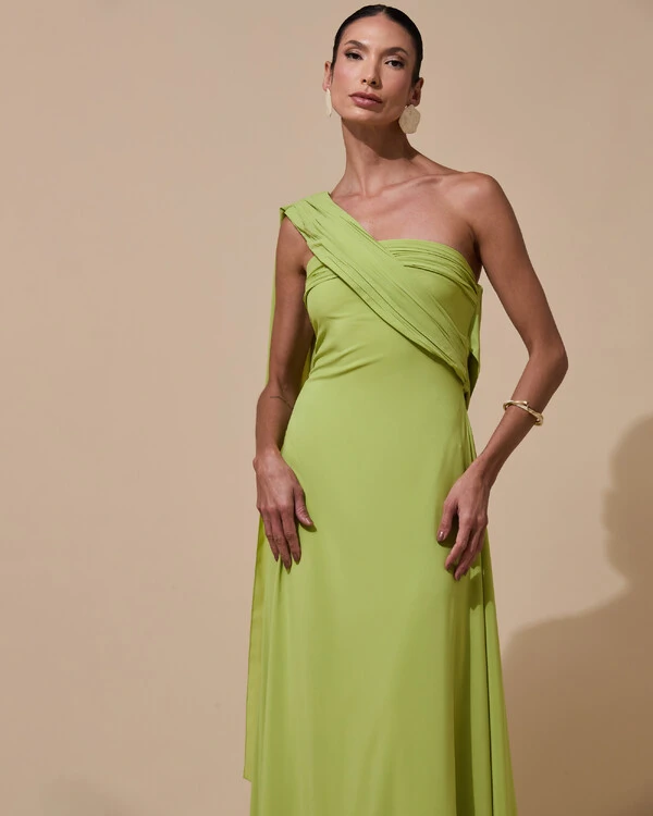 Vestido de Festa Longo Tomara que Caia Crepe Chiffon Lenço Drapeado Costas Trançada Verde Garden