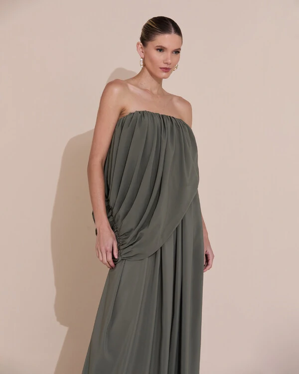 Vestido de Festa Longo Tomara Que Caia Crepe Chiffon Drapeado Verde Oliva