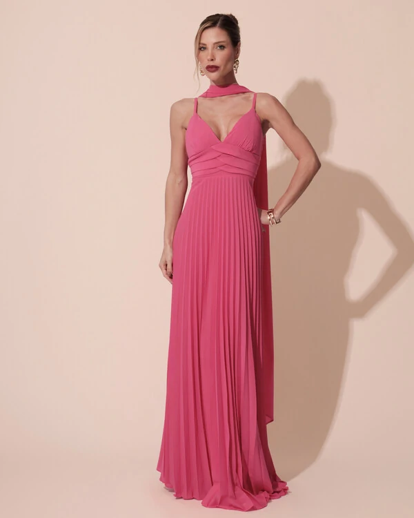 Vestido de Festa Longo Plissado Crepe Chiffon com Alça e Lenço Hot Pink