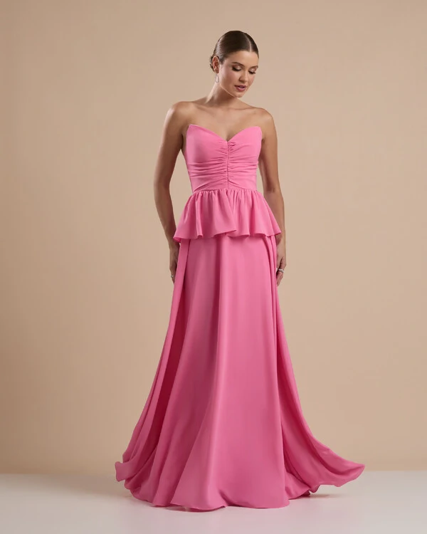 Vestido de Festa Longo Crepe Chiffon Tomara que Caia Peplum Drapeado Rosa