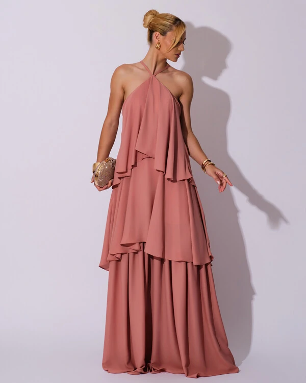 Vestido Longo Babado em Camadas Rose