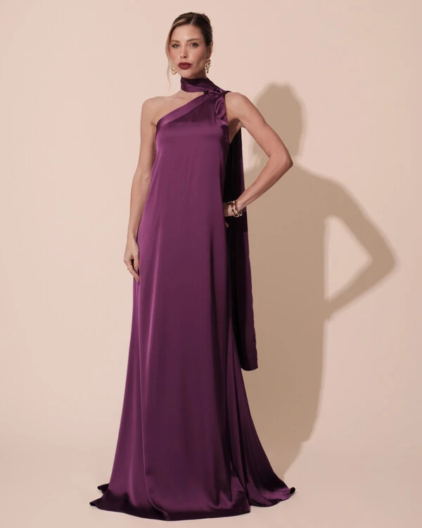 Vestido de Festa Longo Cetim Fluido Um Ombro Só Roxo