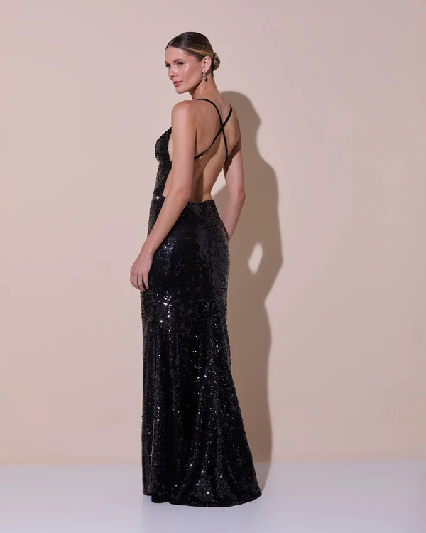 Vestido de Festa Longo Decote V Paetê Alças Finas Saia Sereia Preto