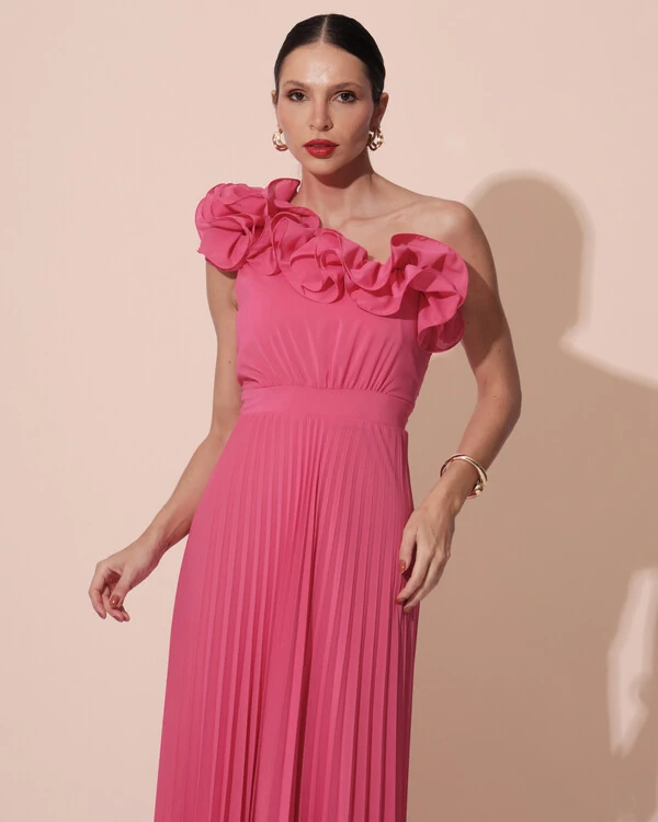 Vestido de Festa um Ombro Só Flor Saia Plissado Pink New