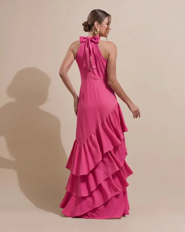 Vestido de Festa Longo Chiffon Crepe Gola Alta Babados Pink New