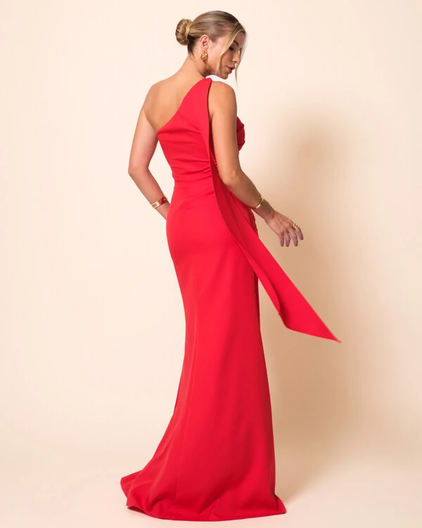 Vestido de Festa Longo Alafataria Um Ombro Só Detalhe Drapeado Vermelho