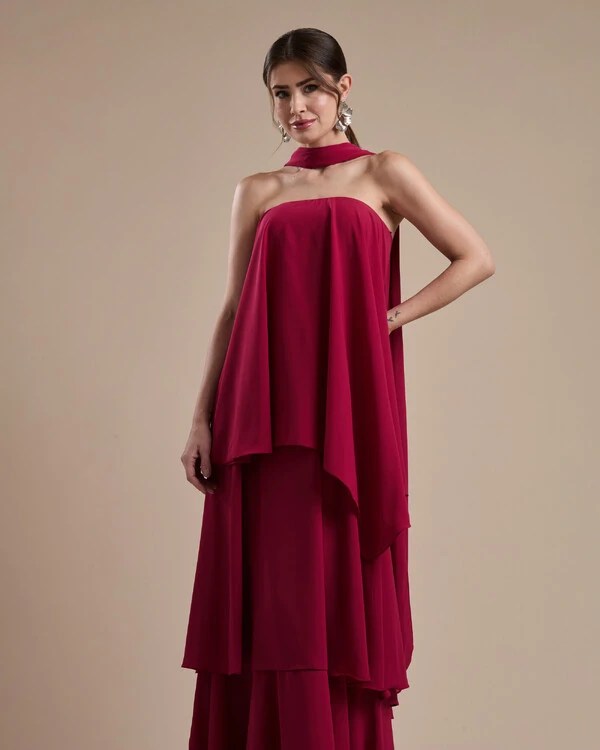 Vestido de Festa Longo Chiffon Crepe em Camadas com Lenço Cereja