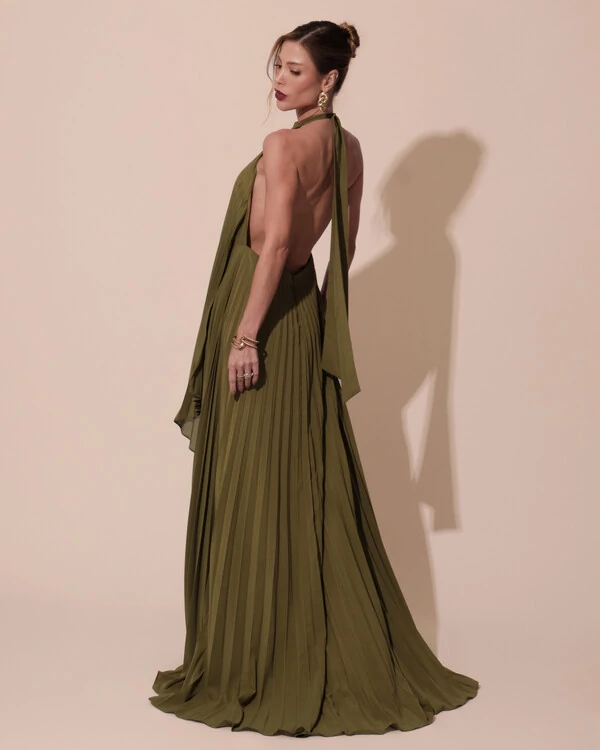 Vestidos de Festa Longo Chiffon Fluido Frente Única Plissado Duplo Verde Oliva New