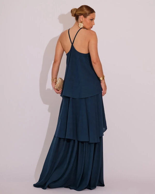 Vestido Longo Babado em Camadas Verde Escuro