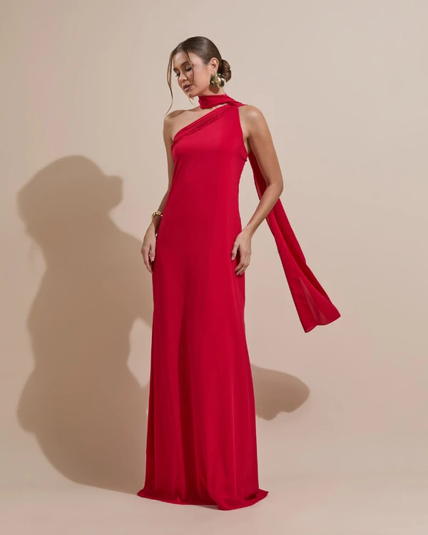 Vestido de Festa Longo Crepe Chiffon Um Ombro Só Drapeado Vermelho