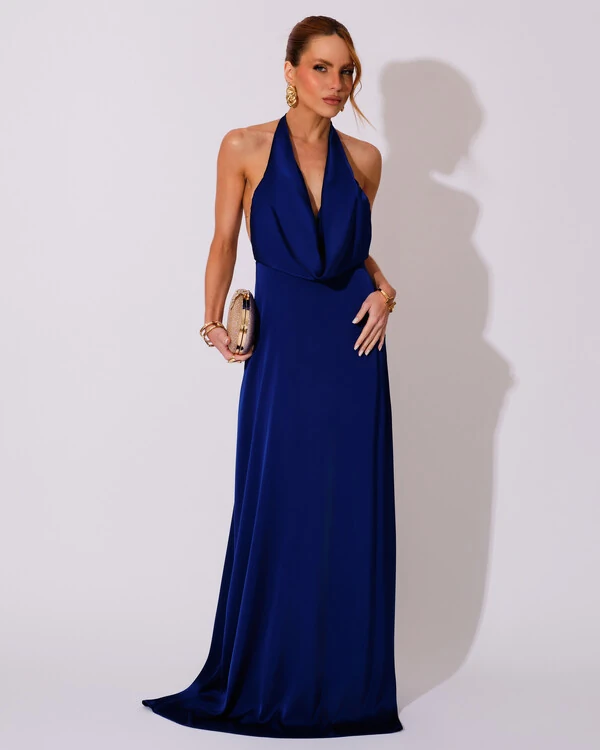 Vestido de Festa Longo Frente Única Degagê Cetim Fluido Azul Marinho