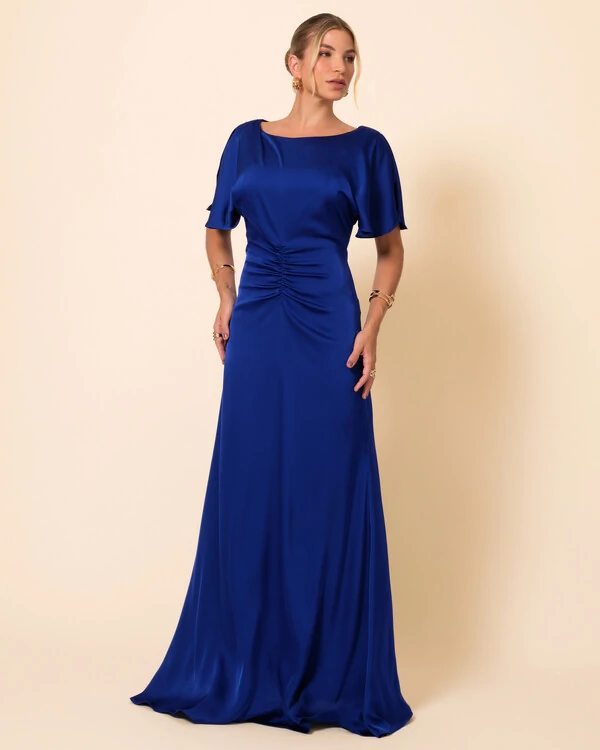 Vestido de Festa Longo Cetim Fluido Manga Curta Drapeado Azul Royal New