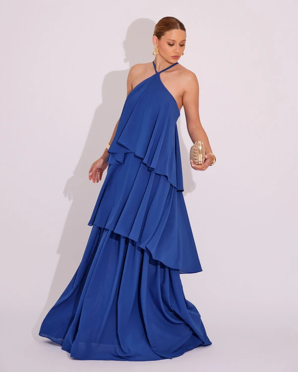 Vestido Longo Babado em Camadas Azul Royal