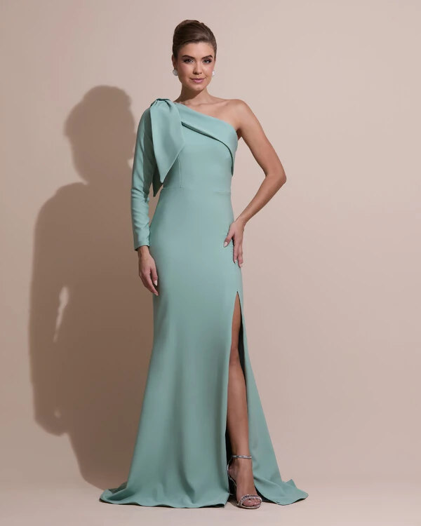 Vestido de Festa com Laço de Um Ombro em Alfaiataria Fenda Verde Menta
