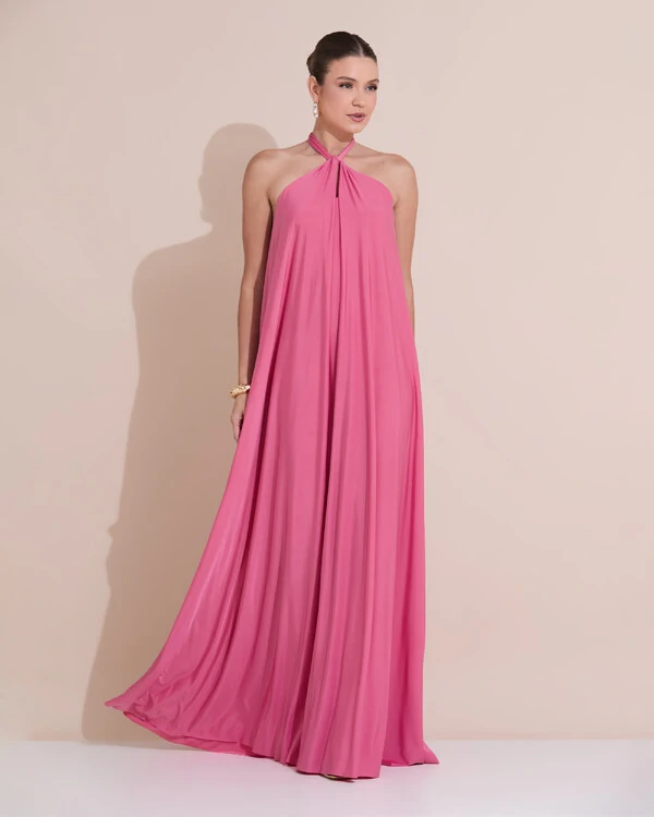 Vestido Longo com Amarração em Malha Rosa