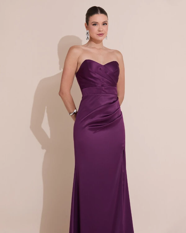 Vestido de Festa Longo Cetim Alfaiataria Tomara que Caia Fenda Roxo