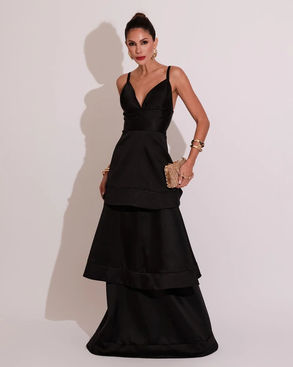 Vestido de Festa Longo Zibeline em Camadas Decote em V com Alças Preto