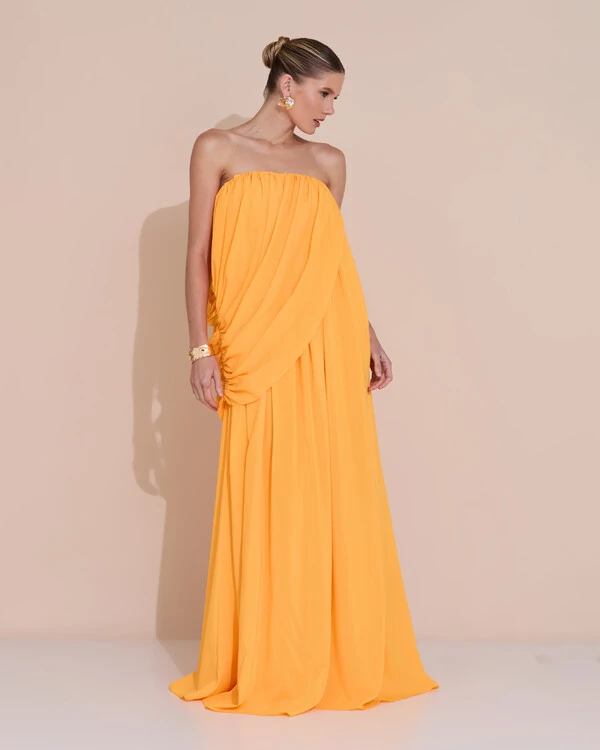 Vestido de Festa Longo Tomara Que Caia Crepe Chiffon Drapeado Laranja Manga New