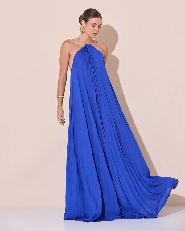 Vestido de Festa Longo Frente Única Plissado Crepe Chiffon Argola Azul Royal