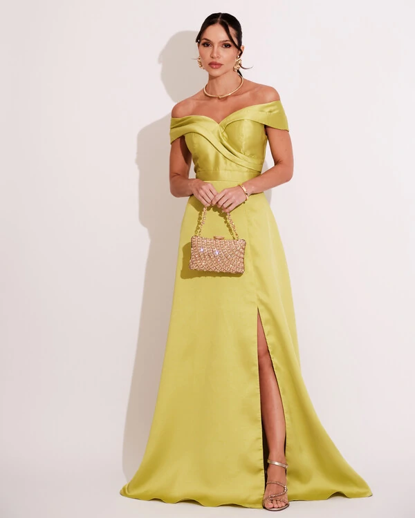 Vestido de Festa Longo Zibeline Ombro a Ombro com Fenda Verde Lima