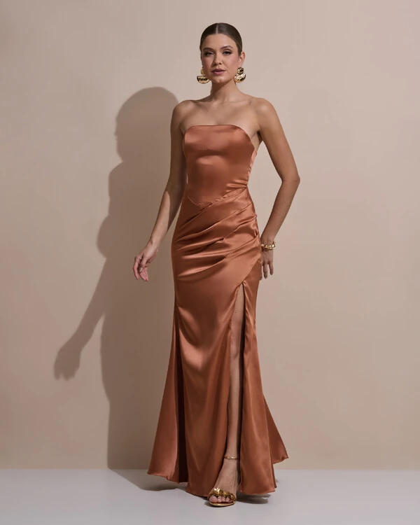 Vestido De Festa Longo Tomara Que Caia Drapeado Cetim Alfaiataria Trançado Costas Mocha Mousse