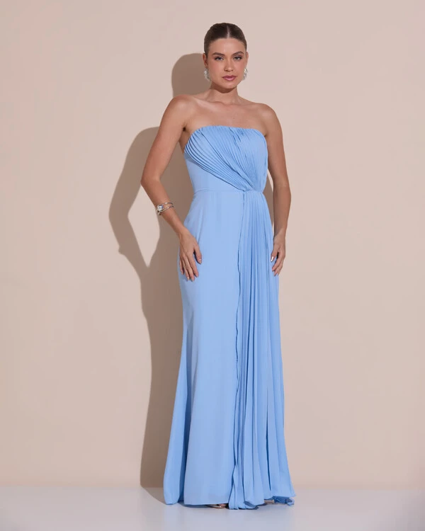 Vestido de Festa Longo Tomara Que Caia Crepe Chiffon Plissado Lenço Lenço Serenity