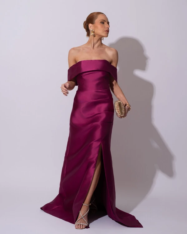 Vestido de Festa Longo Zibeline Ombro a Ombro Drapeado e Fenda Fúcsia