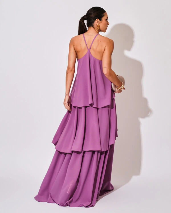 Vestido Longo Babado em Camadas Fúcsia