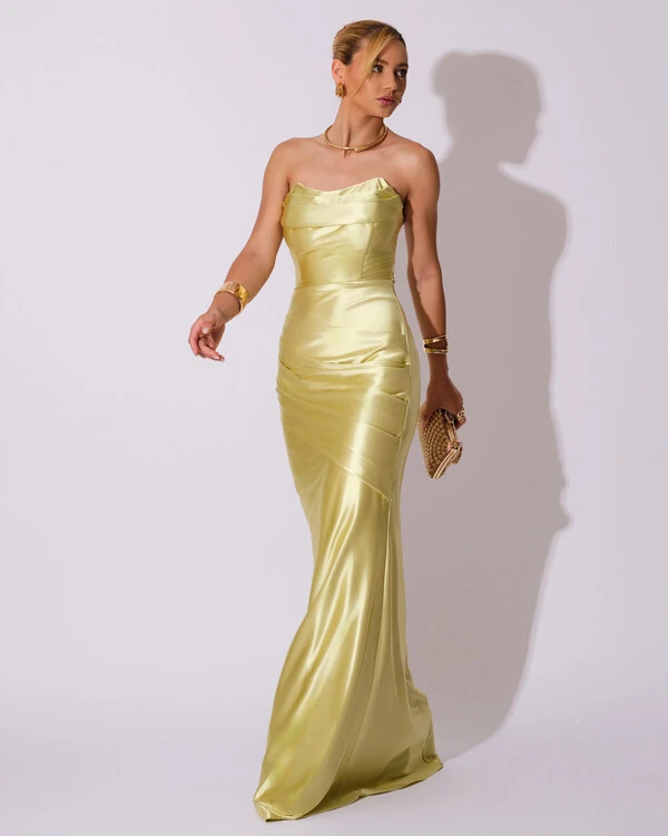 Vestido de Festa longo Cetim Malha Metálico Tomara que Caia Detalhe Drapeado Verde Lima