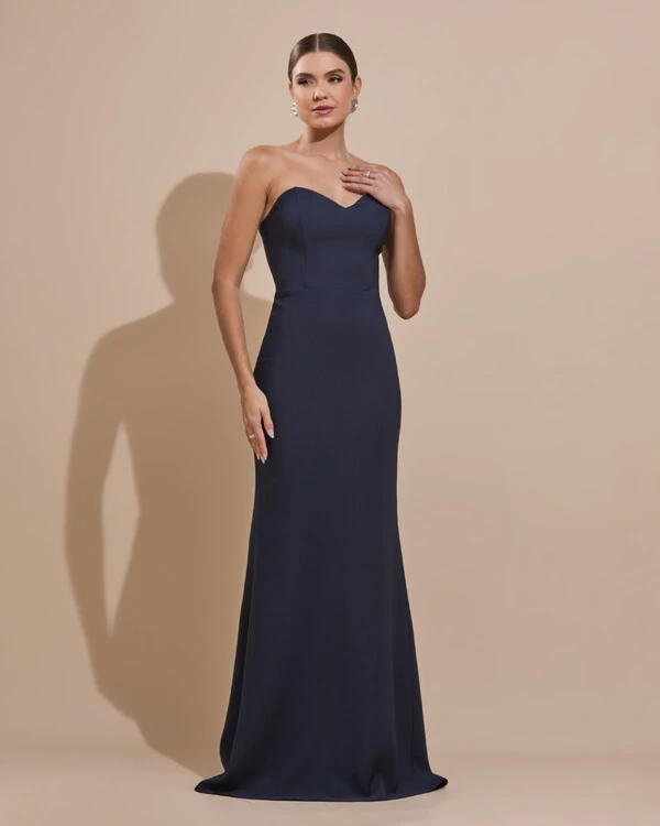 Vestido de Festa Longo Alfaiataria Tomara que Caia Saia Sereia com Lenço Azul Marinho Escuro