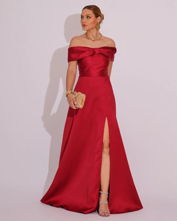 Vestido de Festa Longo Ombro a Ombro Laço Zibeline com Fenda Marsala