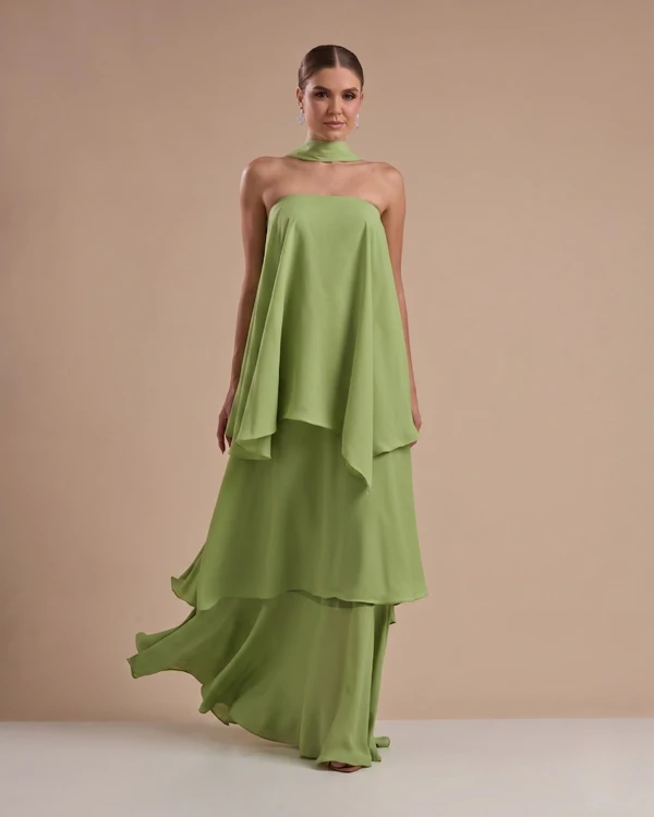 Vestido de Festa Longo Chiffon Crepe em Camadas com Lenço Verde Garden