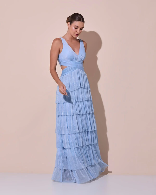 Vestido De Festa Longo Decote V Tule Brilho Recortes Camadas Serenity
