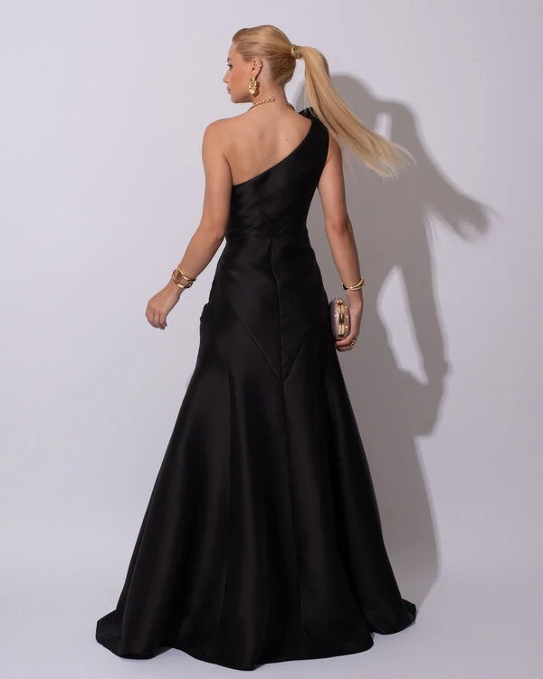 Vestido de Festa Longo Zibeline um Ombro Só Flor Removível Saia Sereia Preto