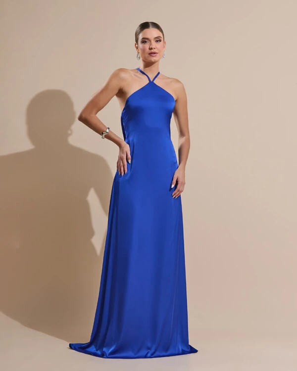Vestido Longo de Cetim com Decote Triangular e Amarração nas Costas Degagê Azul Royal