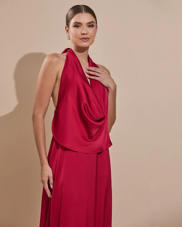 Vestido de Festa Longo Cetim Fluido Frente Única Degagê Mil Formas Marsala