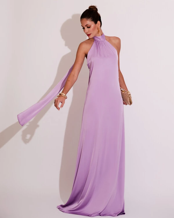 Vestido de Festa Gola Alta com Decote nas Costas Acetinado Lilás