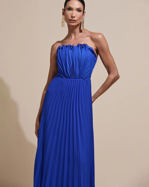 Vestido de Festa Longo Tomara que Caia Plissado Detalhe Azul Royal