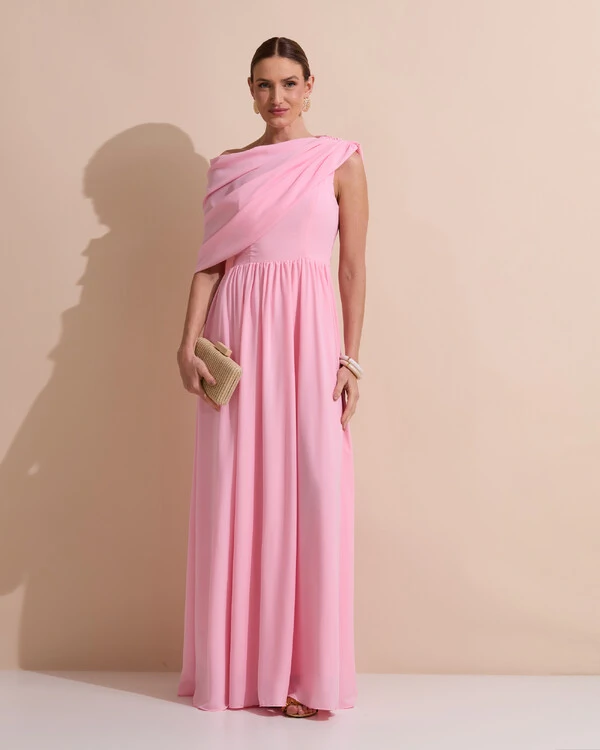 Vestido de Festa Longo Um Ombro Só Crepe Chiffon Capa Drapeado Rosa Claro