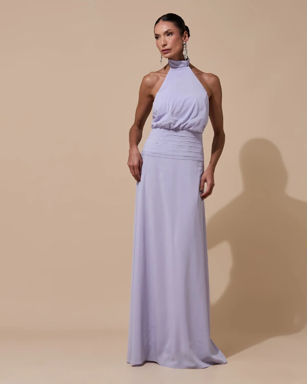 Vestido de Festa Longo Frente Única Busto Blousê Crepe Chiffon Drapeado Lilás Claro