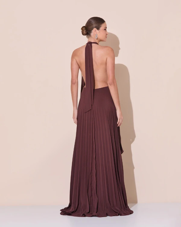 Vestidos de Festa Longo Chiffon Fluido Frente Única Plissado Duplo Marrom