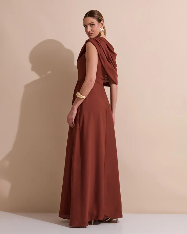 Vestido de Festa Longo Um Ombro Só Crepe Chiffon Capa Drapeado Marrom New
