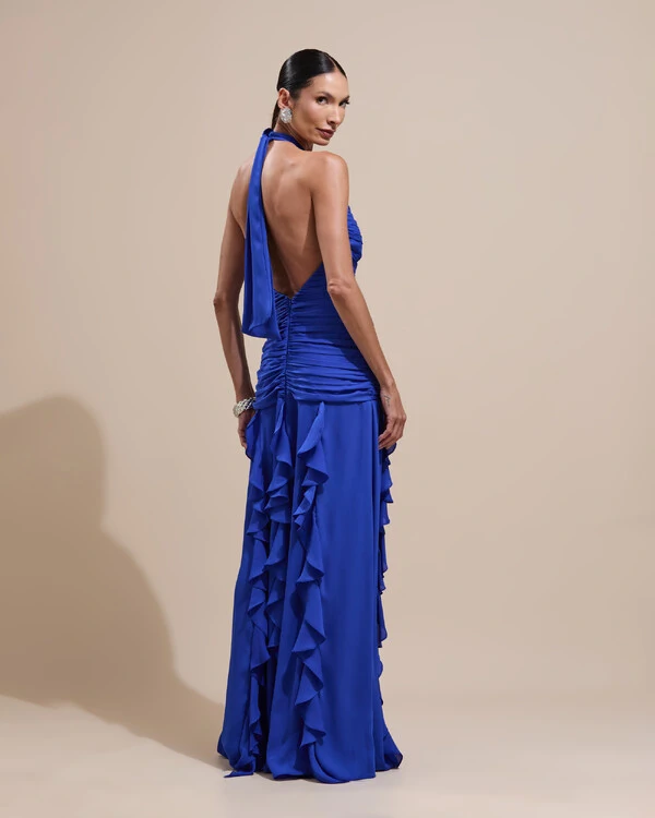Vestido de Festa Longo Frente Única Crepe Chiffon Drapeado Babados Cascata Azul Royal