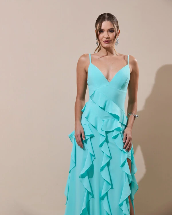 Vestido de Festa Longo Decote V Crepe Chiffon Babados Cascata e Fenda Tiffany