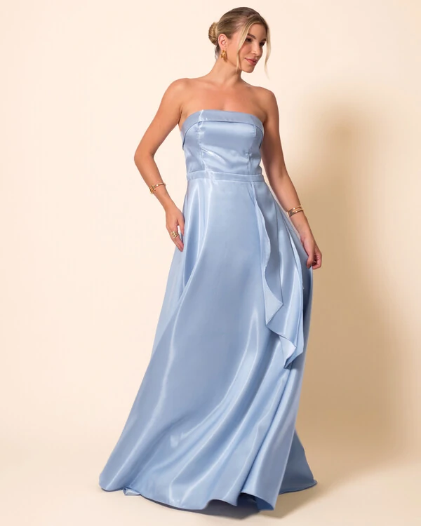 Vestido de Festa Longo Cetim Cristal Tomara que Caia Detalhe Serenity